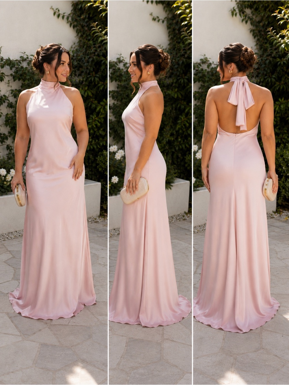 White Closet Elements Blush Light Pink Satin Halter Maxi Dress XL Open Back NWT